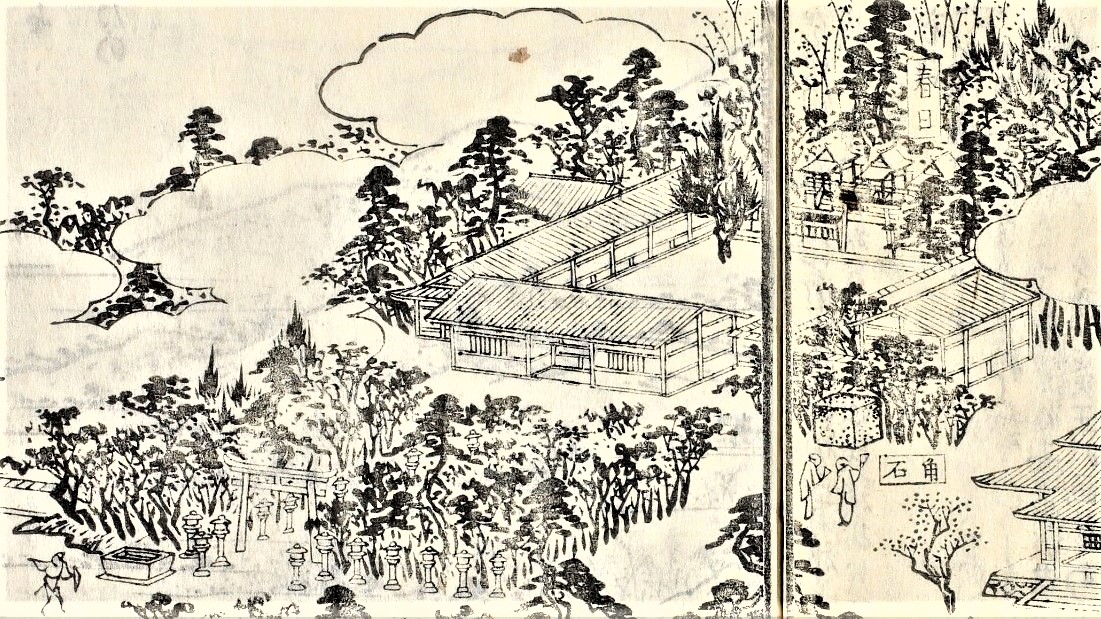 「大和名所図会」に描かれた奈良豆比古神社本殿三社(奈良県立図書情報館蔵)