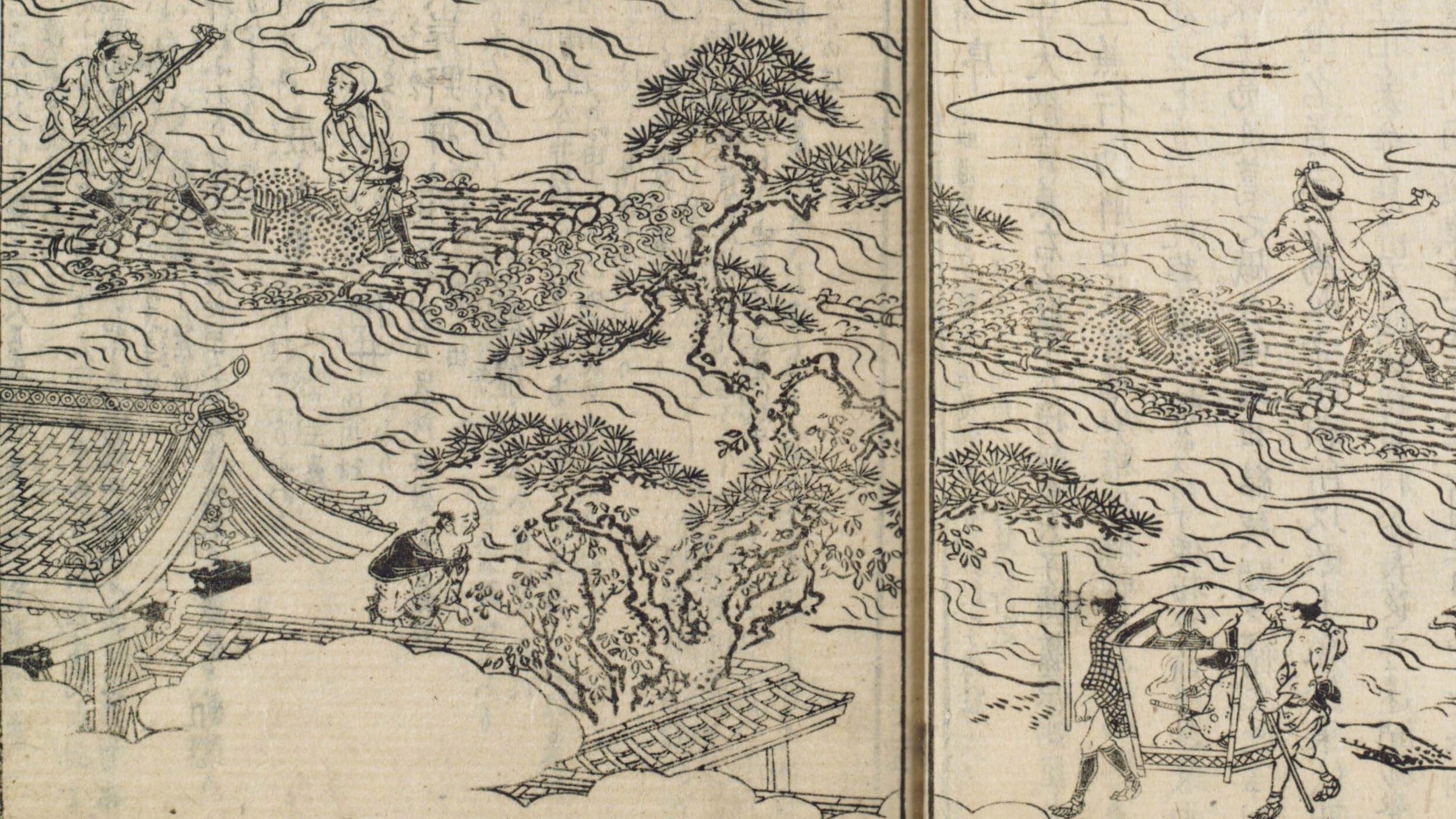 「大和名所図会」榮山寺と吉野川の筏流し　奈良県立図書情報館蔵