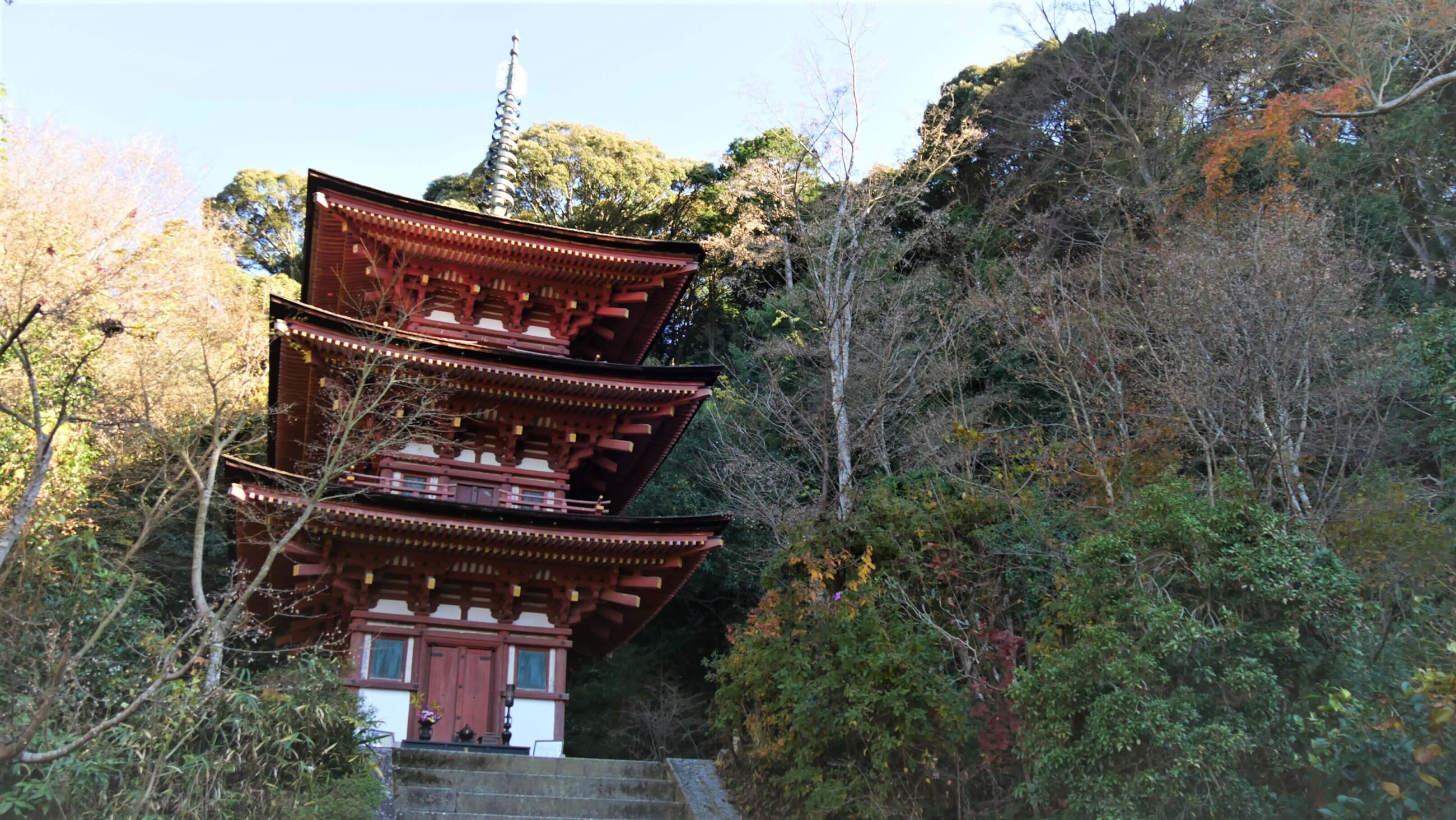 宝池の東にある三重塔（国宝）